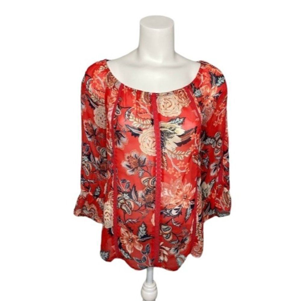 SARA MICHELLE Red Floral Chiffon 3/4 Sleeve Peasant‎ Top sz Medium